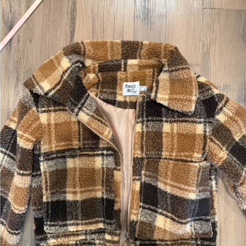 Princess Polly Kids Checkered Puffer Jacket - Brown and Cream